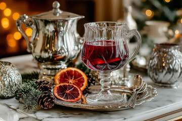A luxurious winter lodge setting with a serving of mulled wine on a marble table, surrounded by fine crystal glasses and elegant silverware.