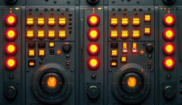 Close-up of a retro-futuristic control panel with illuminated buttons and switches.