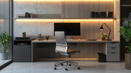 Fototapeta premium Modern Home Office Setup with Sleek Desk and Comfortable Ergonomic Chair