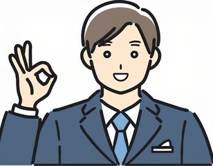 男性会社員が指でOKサインをするジェスチャーのイラスト。AIで生成	
