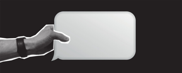 Trendy Halftone Collage Hand holding speech bubbles. Empty space for quote, plan and idea.