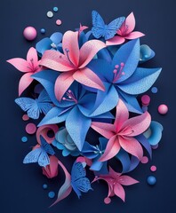 Fototapeta premium Paper art lilies and butterflies in pink and blue hues on dark background.