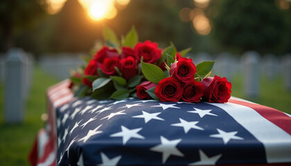 Casket draped in American flag with red roses