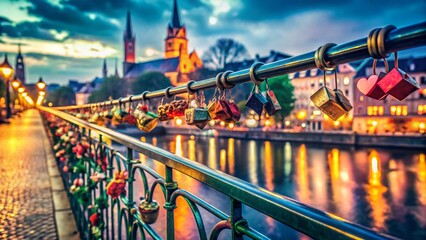 Fototapeta premium Romantic Love Locks on Frankfurt's Iron Bridge at Night - Low Light Photography
