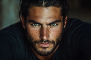 Obraz premium Captivating portrait of a man with striking features and intense gaze, showcasing strong emotions and personality