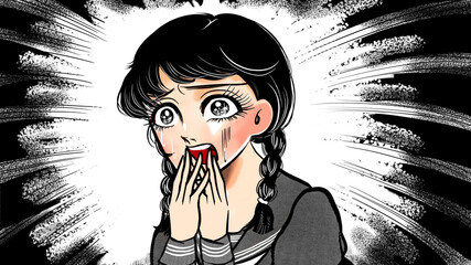昭和ホラー漫画風叫ぶ女子高生美少女の戦慄するイラストと悲鳴