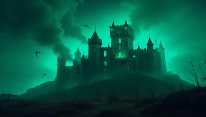 Fototapeta premium Dramatic Castle on Hill with Birds and Eerie Green Sky