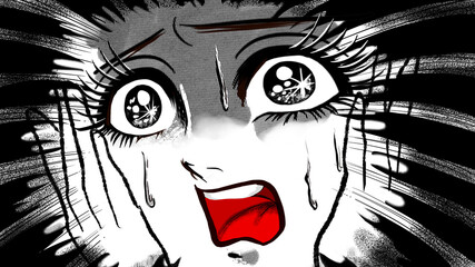昭和レトロ風のホラー漫画に登場する絶叫する少女のドアップ顔