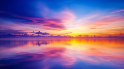 Obraz premium Serene sunset over calm waters, vibrant color reflecting on the surface, tranquil atmosphere