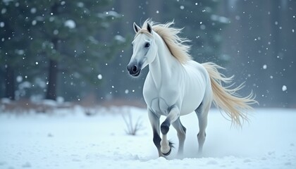 Obraz premium Majestic white horse gallops through a snowy forest landscape