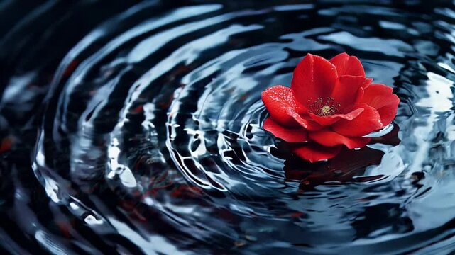 A vibrant [generic term] floats on still water creating circular ripples reflecting the light. The water surface appears dark and mirror-like. The [generic term] contrasts in color and texture
