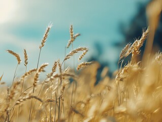 Fototapeta premium Golden wheat sways gently under the warm sun in a serene rural landscape