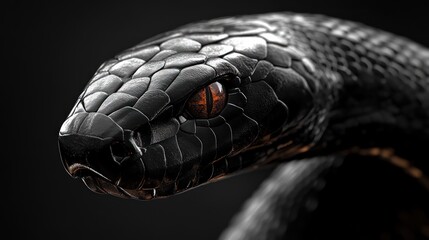 Naklejka premium Black snake portrait, dark background, reptile eye, wildlife, danger
