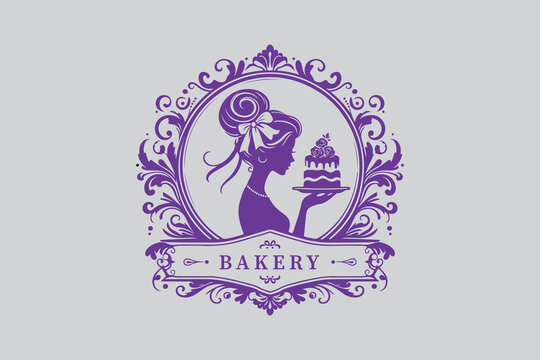 A luxurious bakery logo with a silhouette of a woman wearing a ribbon in her hair, delicately holding a piece of cake.