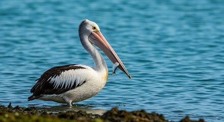 A pelican scooping up fish with its large bill near the shore.