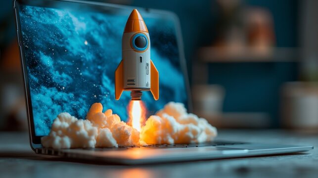 A distinctively designed orange rocket launching from a laptop, surrounded by bright clouds, signifying technological innovation intertwined with imaginative exploration.