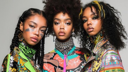 Fototapeta premium Three Women Showcase Vibrant Fashion in Bold Graphic T-Shirts, Reflecting Playful and Energetic Personalities. Generative AI