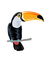 Toucan Exotic colorful bird realistic vector illustration Isolated On transparent Background. Black-feathered tucan with large yellow beak. Tropical bird sitting on tree branch. Exotic animal © Creative_Juice_Art