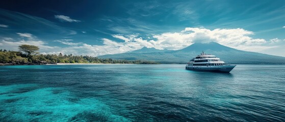 Luxury yacht cruising tropical ocean near volcanic island.