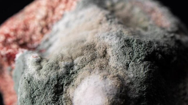 A close-up shot of a spoiled fruit covered in mold. The texture of the mold and the damaged surface of the fruit. Process of decay. food waste, microbiology, scientific research, concepts of rot