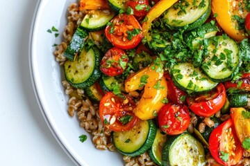 Roasted vegetables and farro salad on a white plate.