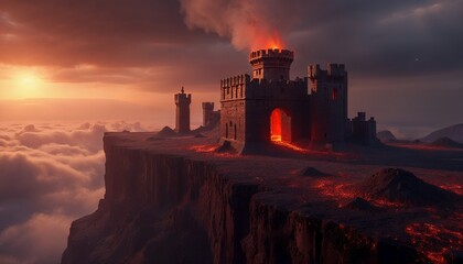 Obraz premium Dramatic Lava Castle Landscape on Cliff Edge Above Clouds at Sunset