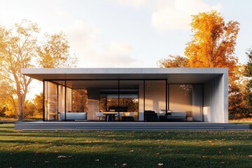 Obraz premium Modern concrete house with large glass windows, situated in an autumnal landscape.