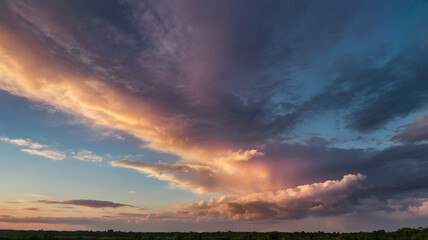 Naklejka premium A twilight sky after a summer rain, with soft rainbow-colored reflections on the clouds, as the cool, fresh air brings a sense of tranquility.