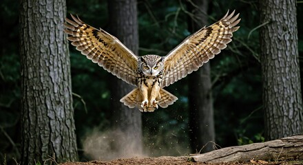 Fototapeta premium a powerful great horned owl in mid-flight, its talons fully extended as it swoops down toward its prey in a dense forest