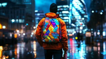 Fototapeta premium Man Walking in Urban Environment with Colorful Graffiti
