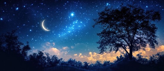 Naklejka premium Serene nightscape with crescent moon, stars, and silhouetted tree.
