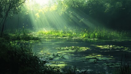 Fototapeta premium Sunbeams illuminate a serene forest pond with lush green vegetation and water lilies.
