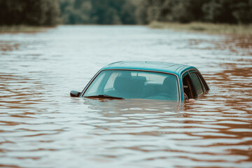 Car submerged in floodwaters, showcasing dangers and devastation caused by floods