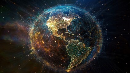 Futuristic glowing Earth globe, North and South America highlighted with network connections.