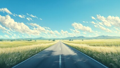 Fototapeta premium Open road stretching towards distant mountains under a bright blue sky with fluffy clouds, flanked by tall grass.