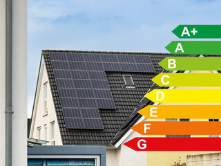 Solarpenele auf dem Dach eines Haus, Energieeffizienzklassen nach dem GEG, Hilden, Deutschland