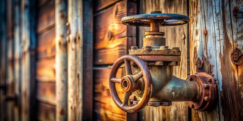 Rustic Steel Gate Valve on Wooden Wall Stock Photo