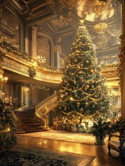 Fototapeta premium Lavishly decorated christmas tree stands majestically in golden ornate hall