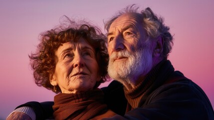 Elderly Couple Embraces Each Other While Cherishing Their Shared Memories Against a Pastel Purple Background. Generative AI