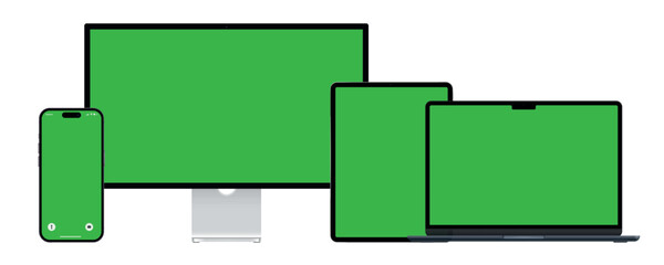 Set of realistic computer monitors, laptops, tablets and mobile phones. Electronic gadgets on white background. Green screen copy space. Modern gadgets with chromakey space on screen.