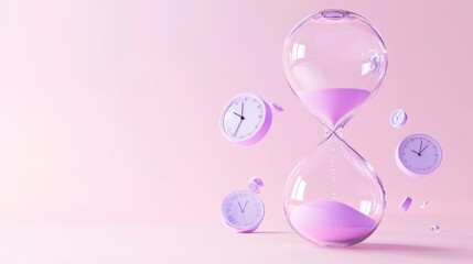 Lilac Sand Hourglass with Floating Clocks on Soft Pink Background Still Life
