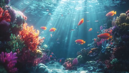 Naklejka premium Vibrant coral reef teeming with colorful fish, sunlight penetrates the water, creating a stunning underwater scene.
