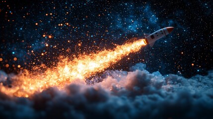 This captivating image portrays a rocket propelling through a starry sky, symbolizing human curiosity and the desire for discoveries beyond our world in an artistic and inspiring manner.