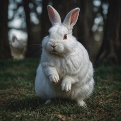 Fototapeta premium A white rabbit in a playful pose, with one paw lifted off the ground.