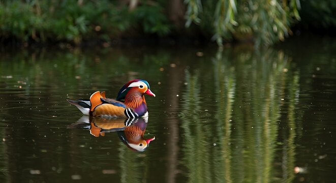 A colorful Mandarin duck swimming peacefully on a serene pond.