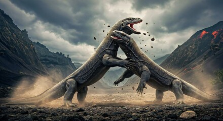 Fototapeta premium two giant Komodo dragons locked in a fierce battle, standing on their hind legs with their powerful jaws wide open