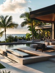 Obraz premium Luxurious oceanfront villa featuring a stunning infinity pool at sunset