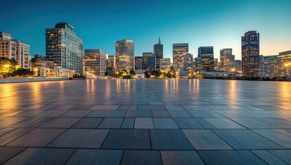 Cityscape at dusk, empty plaza with city skyline reflected on the ground.