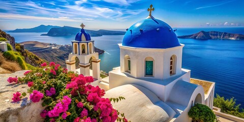 Obraz premium Santorini Kamari Sea View from Agios Nikolaos Church: Vibrant Macro Photography of Architectural Detail and Coastal Scene