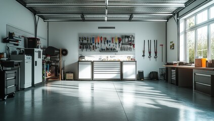 Bright, spacious garage workshop with organized tools, workbench, and storage.